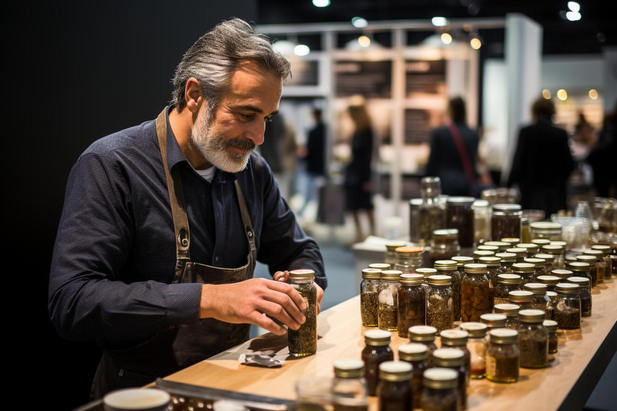 Chef arranging jars in a small production line